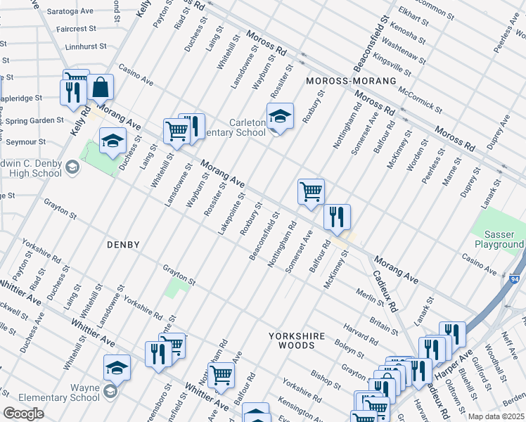 map of restaurants, bars, coffee shops, grocery stores, and more near 11430 Roxbury Street in Detroit