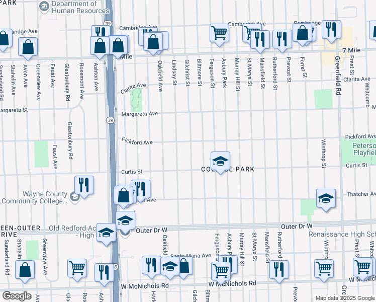 map of restaurants, bars, coffee shops, grocery stores, and more near 18277 Gilchrist Street in Detroit