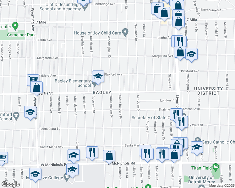 map of restaurants, bars, coffee shops, grocery stores, and more near 18111 Santa Barbara Drive in Detroit