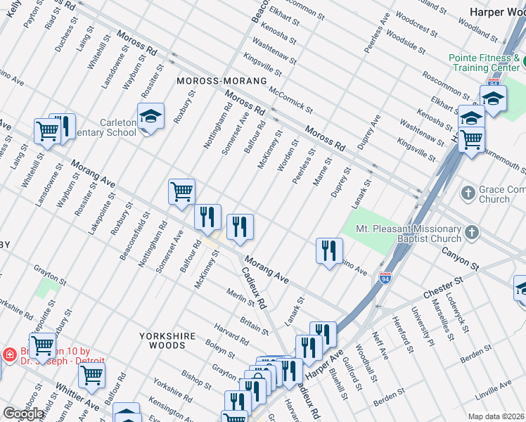 map of restaurants, bars, coffee shops, grocery stores, and more near 10911 Worden Street in Detroit