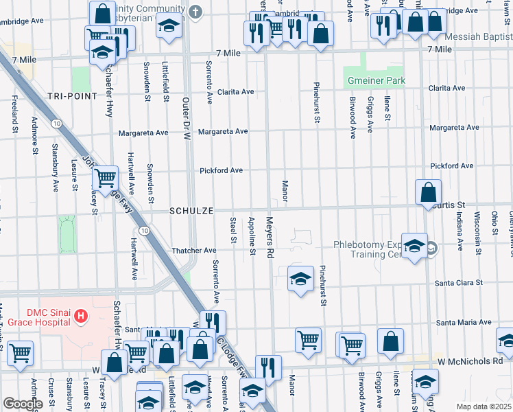 map of restaurants, bars, coffee shops, grocery stores, and more near 18200 Appoline Street in Detroit