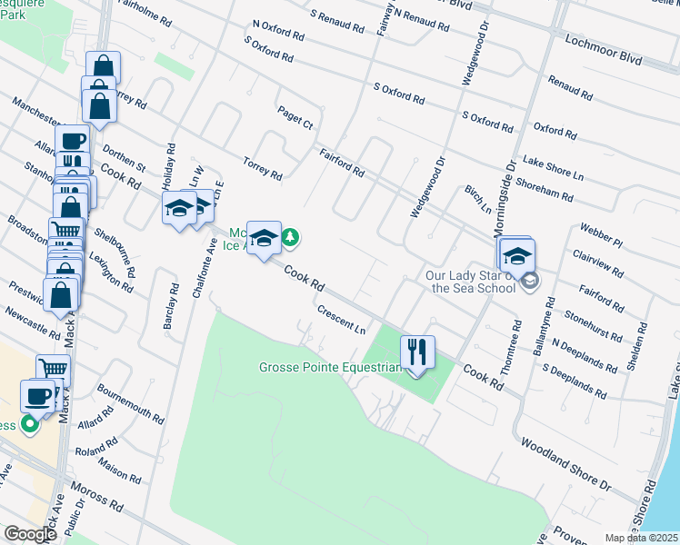 map of restaurants, bars, coffee shops, grocery stores, and more near 900 Cook Road in Grosse Pointe Woods