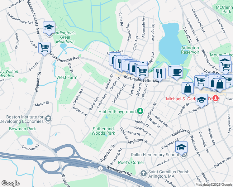 map of restaurants, bars, coffee shops, grocery stores, and more near 36 Charles Street in Lexington