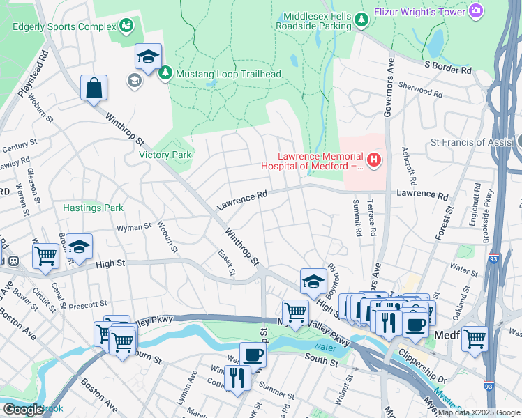 map of restaurants, bars, coffee shops, grocery stores, and more near 75 Rural Avenue in Medford