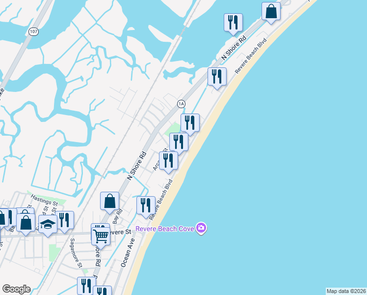map of restaurants, bars, coffee shops, grocery stores, and more near 420 Revere Beach Boulevard in Revere