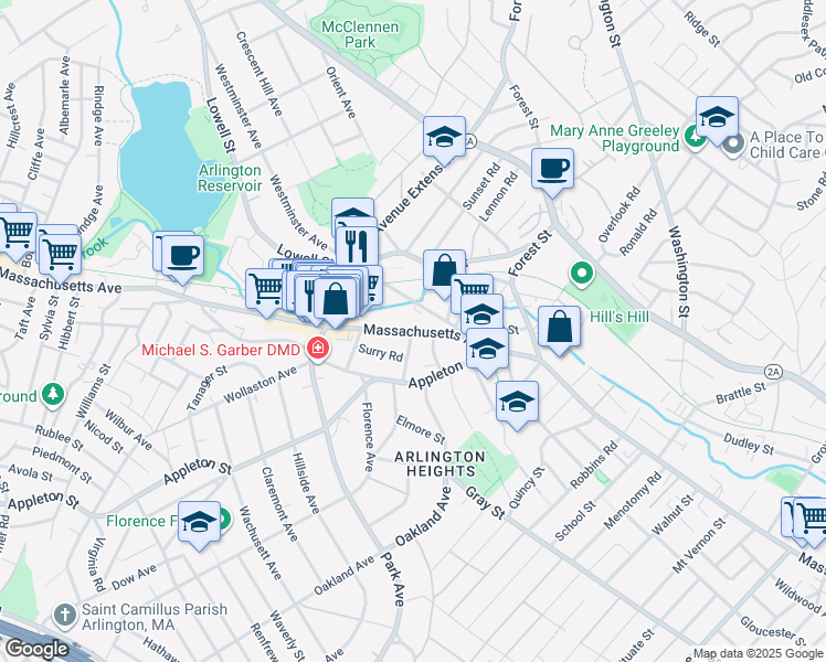 map of restaurants, bars, coffee shops, grocery stores, and more near Massachusetts Avenue & Daniels Street in Arlington