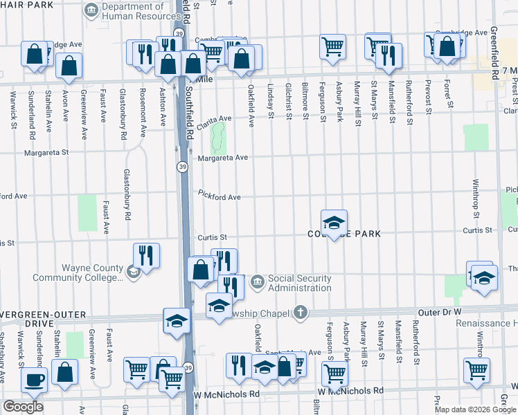 map of restaurants, bars, coffee shops, grocery stores, and more near 18313 Lindsay Street in Detroit