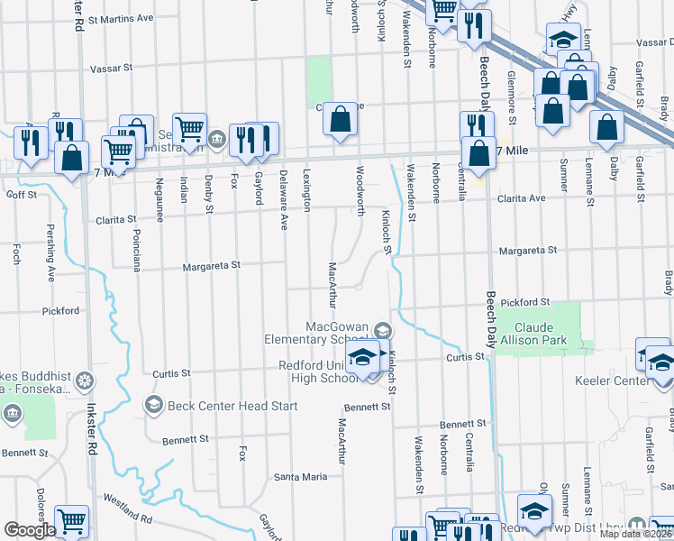 map of restaurants, bars, coffee shops, grocery stores, and more near 18646 MacArthur in Redford Charter Township