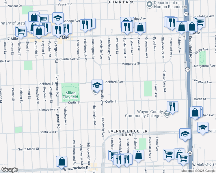 map of restaurants, bars, coffee shops, grocery stores, and more near 18330 Shaftsbury Avenue in Detroit