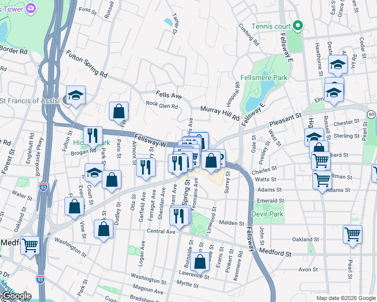 map of restaurants, bars, coffee shops, grocery stores, and more near 128 Fellsway West in Medford