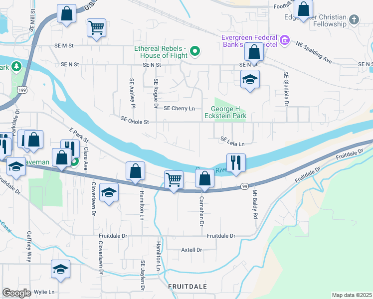 map of restaurants, bars, coffee shops, grocery stores, and more near 1340 Southeast Elm Lane in Grants Pass