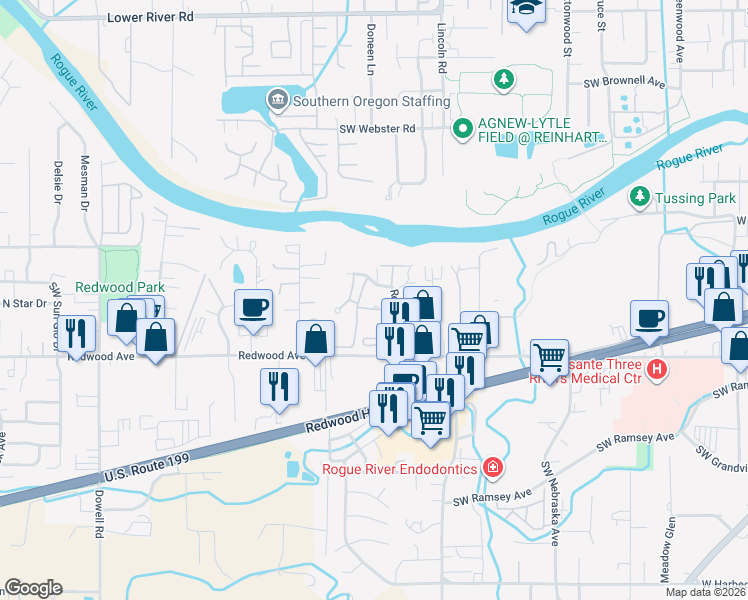 map of restaurants, bars, coffee shops, grocery stores, and more near 1400 Redwood Circle in Grants Pass