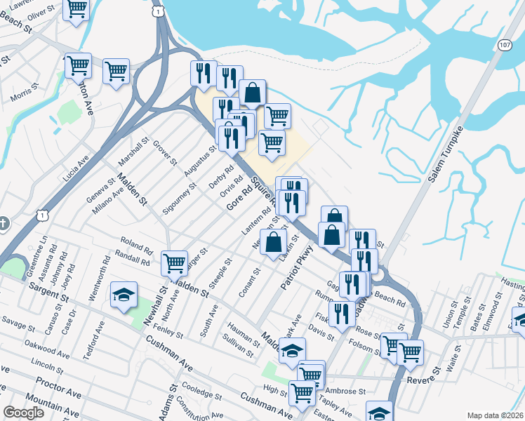map of restaurants, bars, coffee shops, grocery stores, and more near 220 Squire Road in Revere
