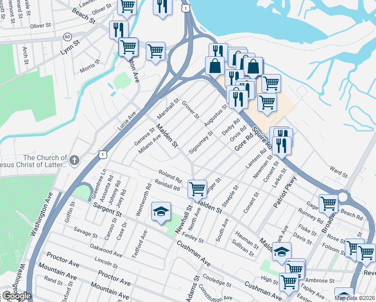 map of restaurants, bars, coffee shops, grocery stores, and more near 22 Sigourney Street in Revere
