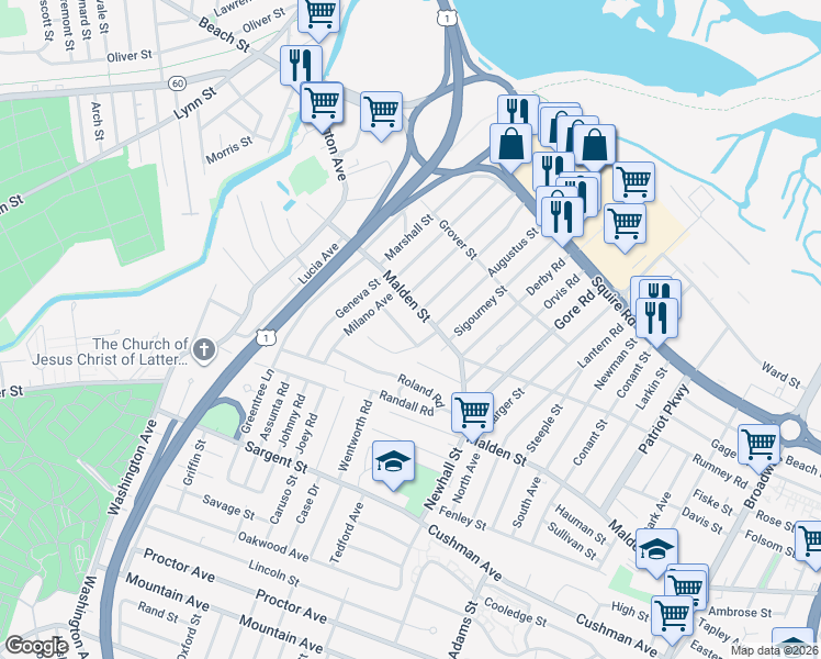 map of restaurants, bars, coffee shops, grocery stores, and more near 440 Malden Street in Revere