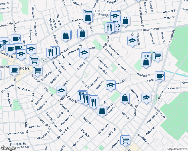 map of restaurants, bars, coffee shops, grocery stores, and more near 351 Bryant Street in Malden