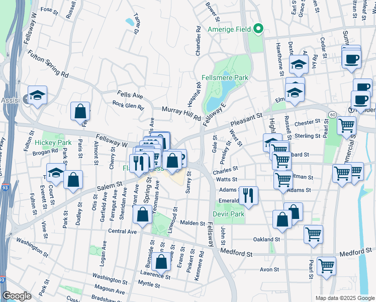 map of restaurants, bars, coffee shops, grocery stores, and more near 10 Saint Mary Street in Malden