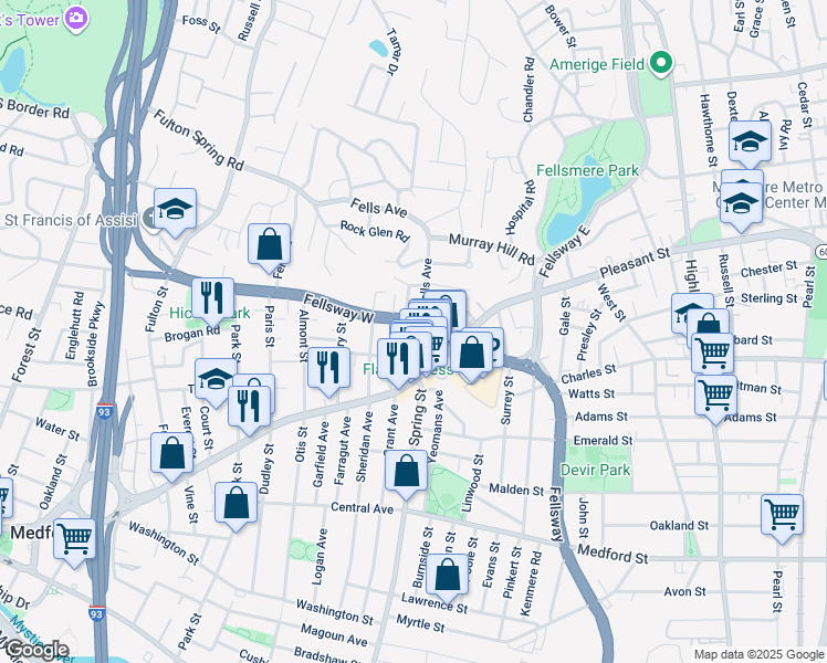 map of restaurants, bars, coffee shops, grocery stores, and more near 152 Fellsway West in Medford