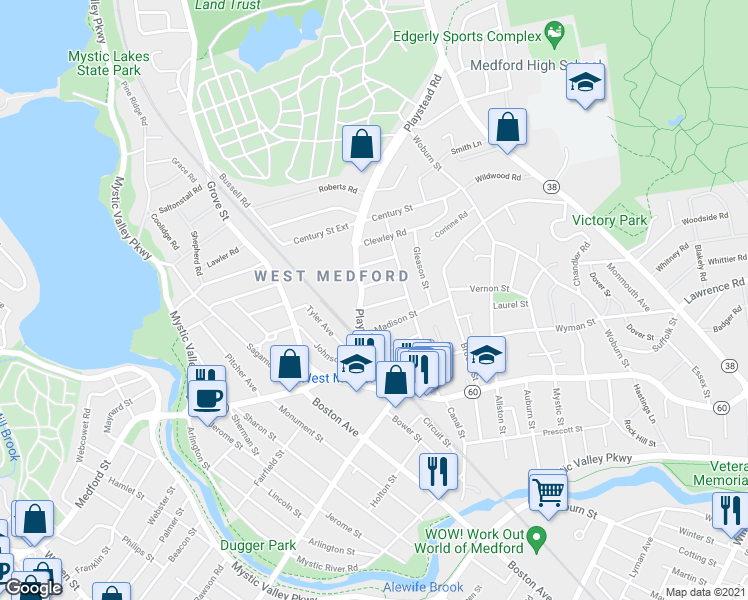 map of restaurants, bars, coffee shops, grocery stores, and more near in Medford