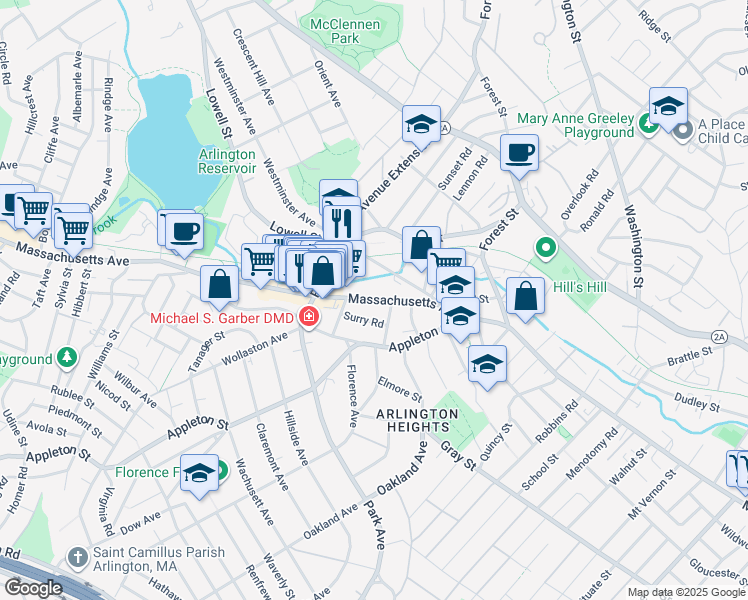 map of restaurants, bars, coffee shops, grocery stores, and more near 1287 Massachusetts Avenue in Arlington