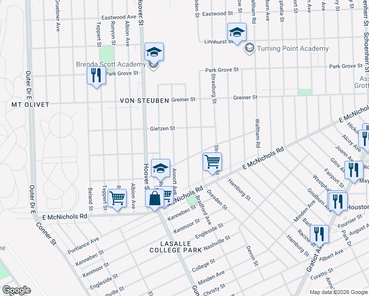 map of restaurants, bars, coffee shops, grocery stores, and more near 17363 Bradford Avenue in Detroit