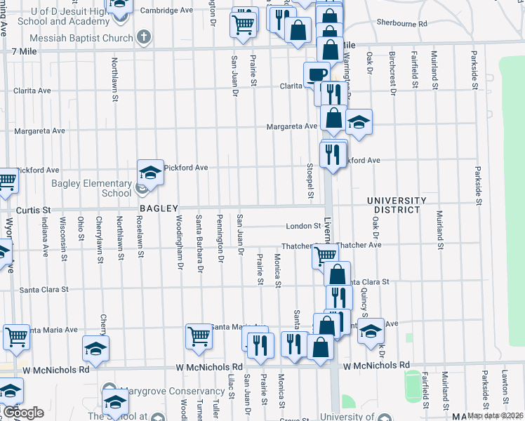 map of restaurants, bars, coffee shops, grocery stores, and more near 18200 Prairie Street in Detroit