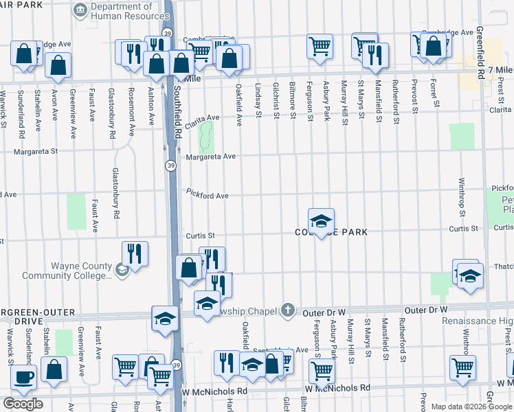 map of restaurants, bars, coffee shops, grocery stores, and more near 18313 Lindsay Street in Detroit