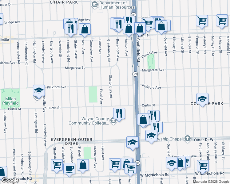 map of restaurants, bars, coffee shops, grocery stores, and more near 18321 Rosemont Avenue in Detroit