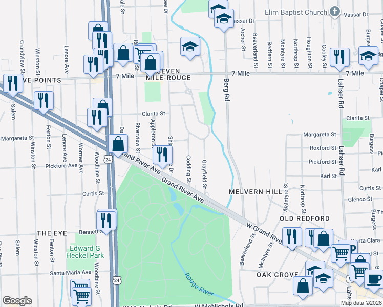 map of restaurants, bars, coffee shops, grocery stores, and more near 18370 Codding Street in Detroit