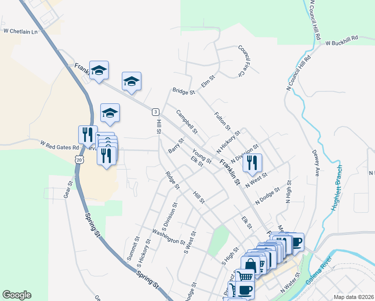 map of restaurants, bars, coffee shops, grocery stores, and more near 851 Young Street in Galena