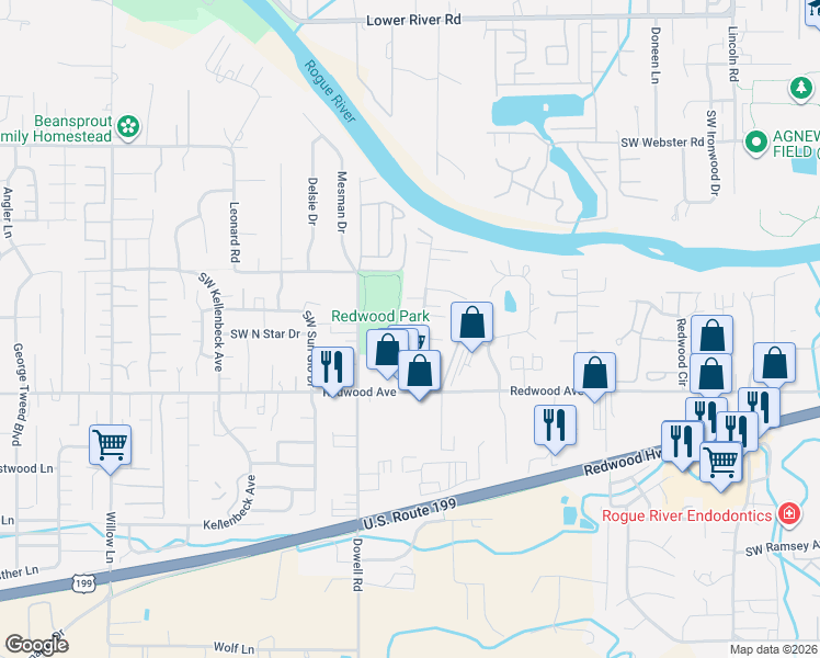 map of restaurants, bars, coffee shops, grocery stores, and more near 1356 Annabelle Lane in Grants Pass