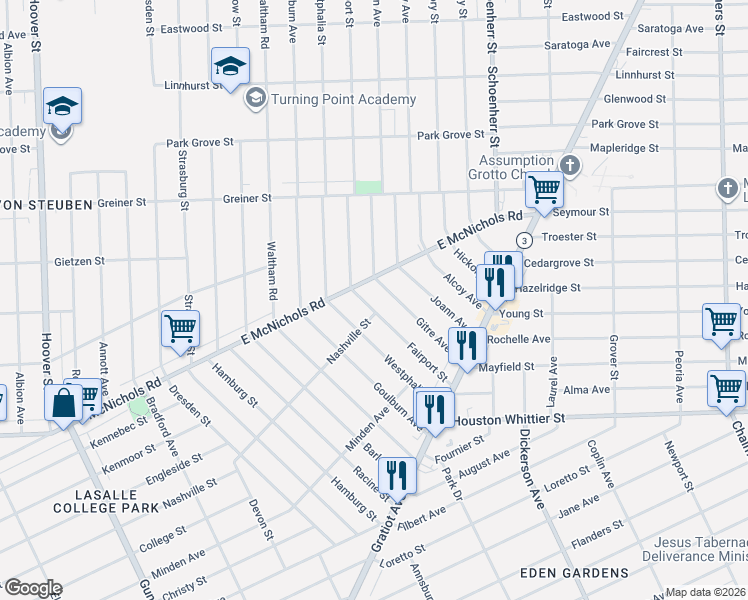 map of restaurants, bars, coffee shops, grocery stores, and more near 13000 East McNichols Road in Detroit