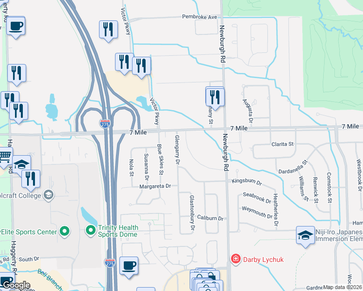 map of restaurants, bars, coffee shops, grocery stores, and more near 19002 Glengarry Drive in Livonia