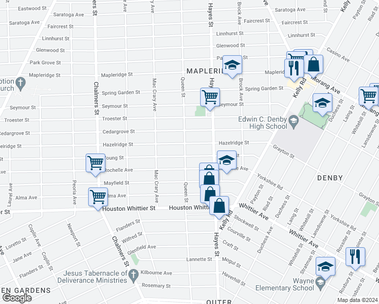 map of restaurants, bars, coffee shops, grocery stores, and more near 15011 Young Street in Detroit