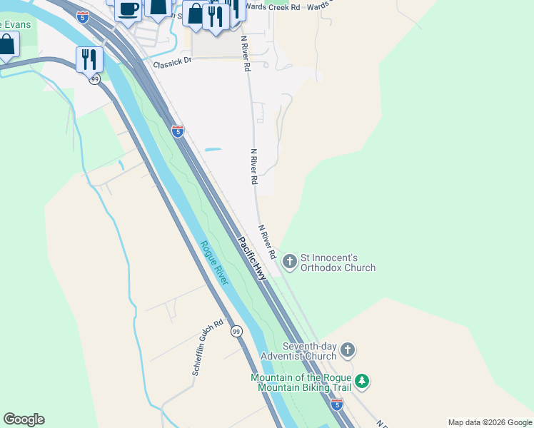 map of restaurants, bars, coffee shops, grocery stores, and more near 5100 North River Road in Gold Hill