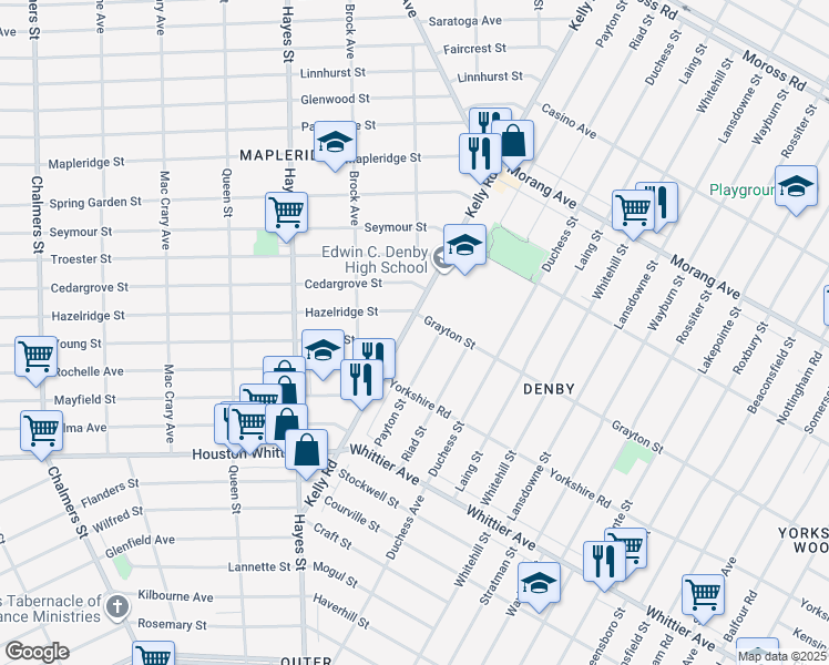 map of restaurants, bars, coffee shops, grocery stores, and more near 12736 Kelly Road in Detroit