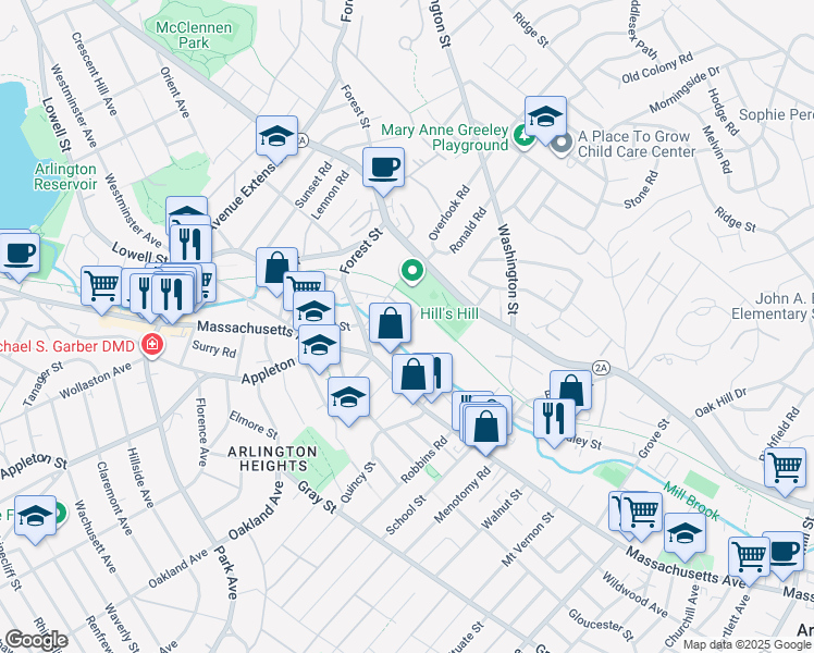 map of restaurants, bars, coffee shops, grocery stores, and more near 1163 Massachusetts Avenue in Arlington