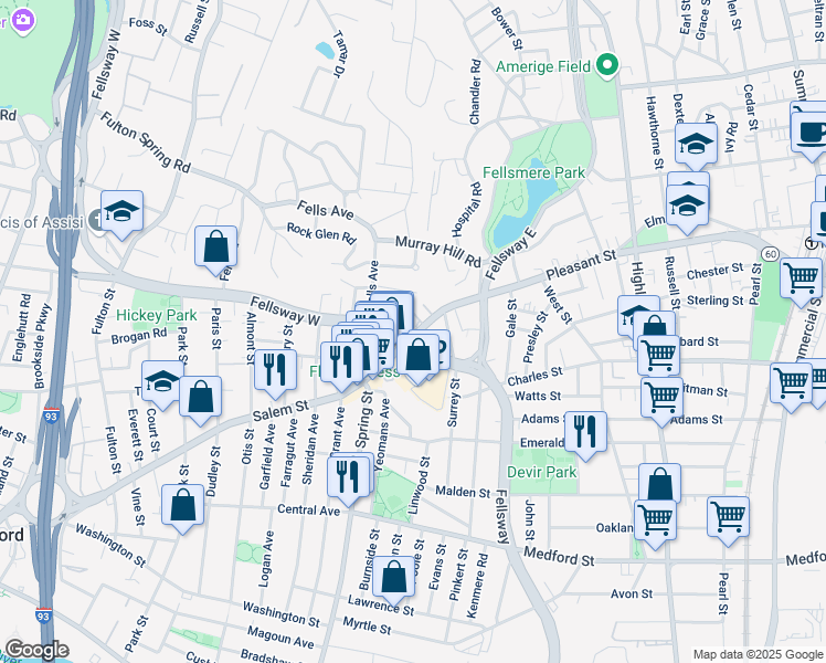 map of restaurants, bars, coffee shops, grocery stores, and more near 81 Fellsway West in Medford