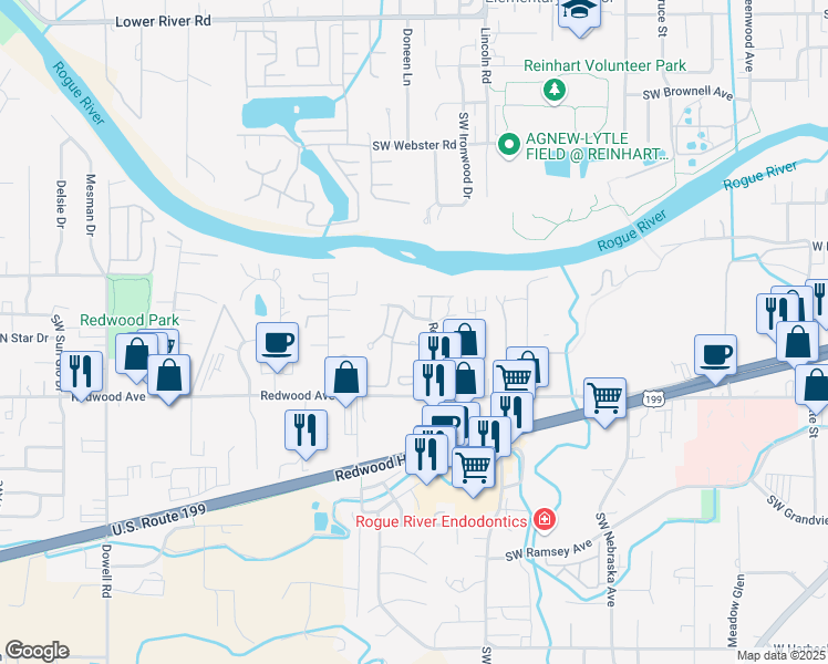 map of restaurants, bars, coffee shops, grocery stores, and more near 1400 Redwood Circle in Grants Pass