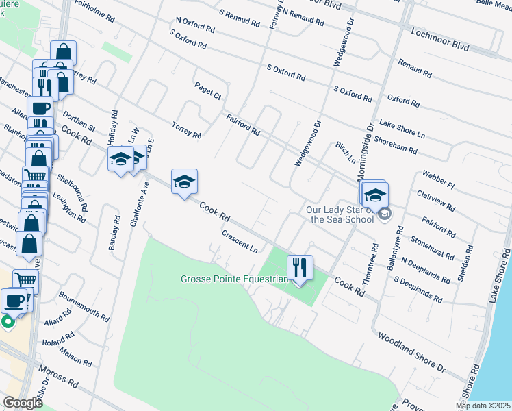 map of restaurants, bars, coffee shops, grocery stores, and more near 900 Cook Road in Grosse Pointe Woods