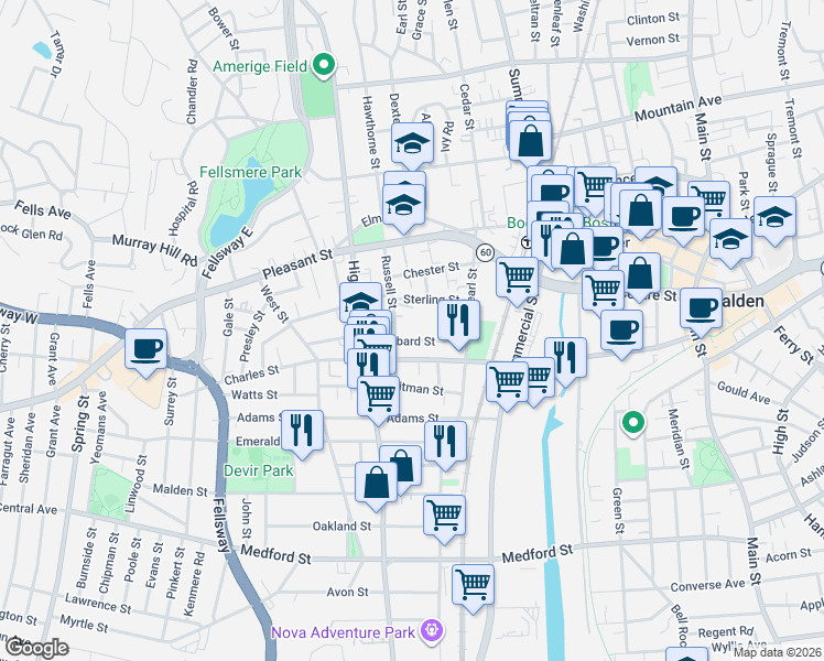 map of restaurants, bars, coffee shops, grocery stores, and more near 62 Russell Street in Malden