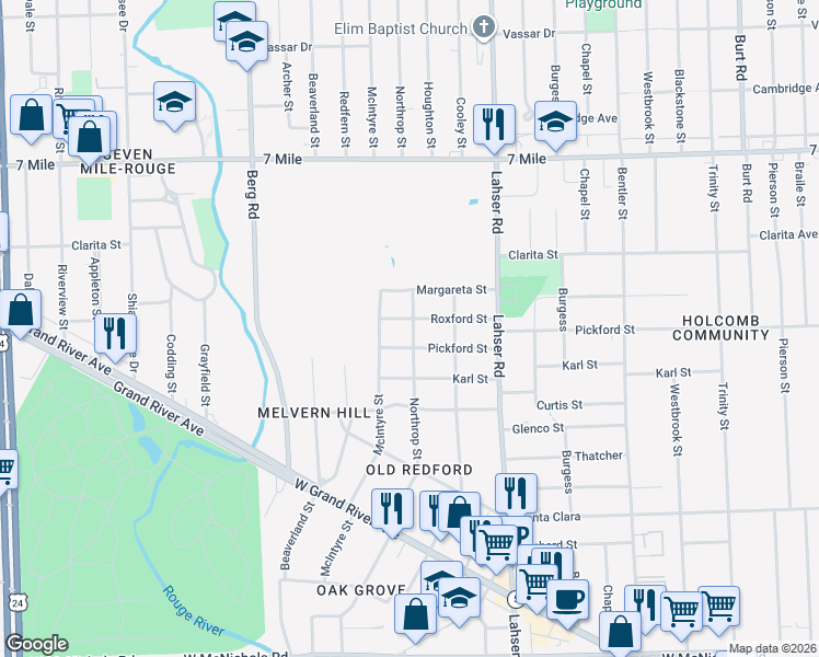 map of restaurants, bars, coffee shops, grocery stores, and more near 22322 Roxford Street in Detroit