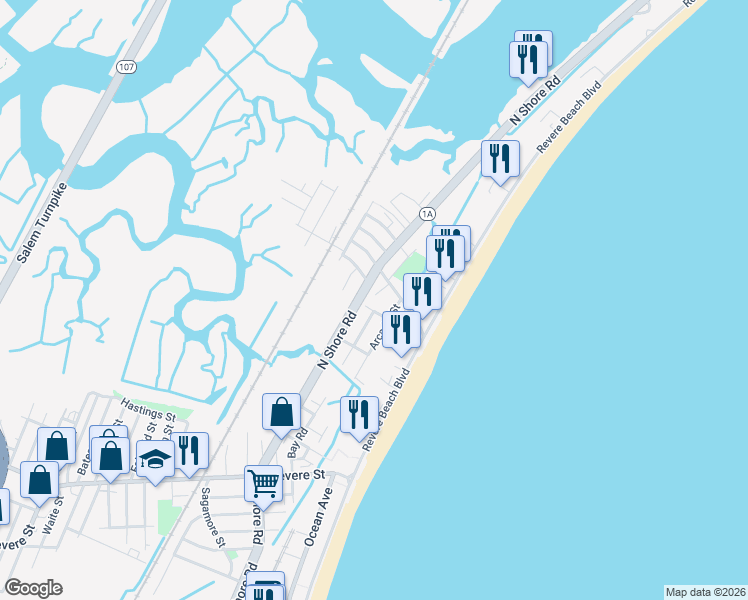 map of restaurants, bars, coffee shops, grocery stores, and more near in Revere
