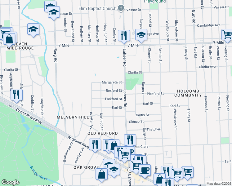 map of restaurants, bars, coffee shops, grocery stores, and more near 22035 Roxford Street in Detroit
