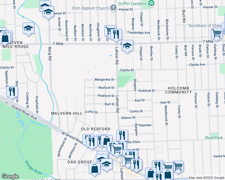 map of restaurants, bars, coffee shops, grocery stores, and more near 22035 Roxford Street in Detroit