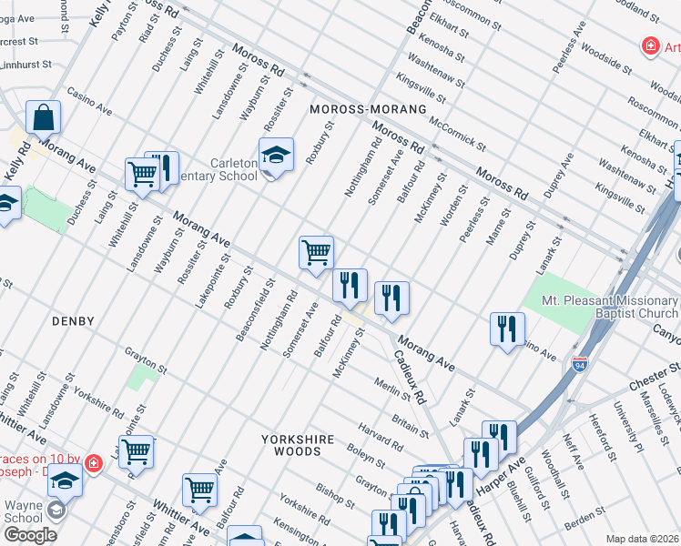 map of restaurants, bars, coffee shops, grocery stores, and more near 11276 Somerset Avenue in Detroit
