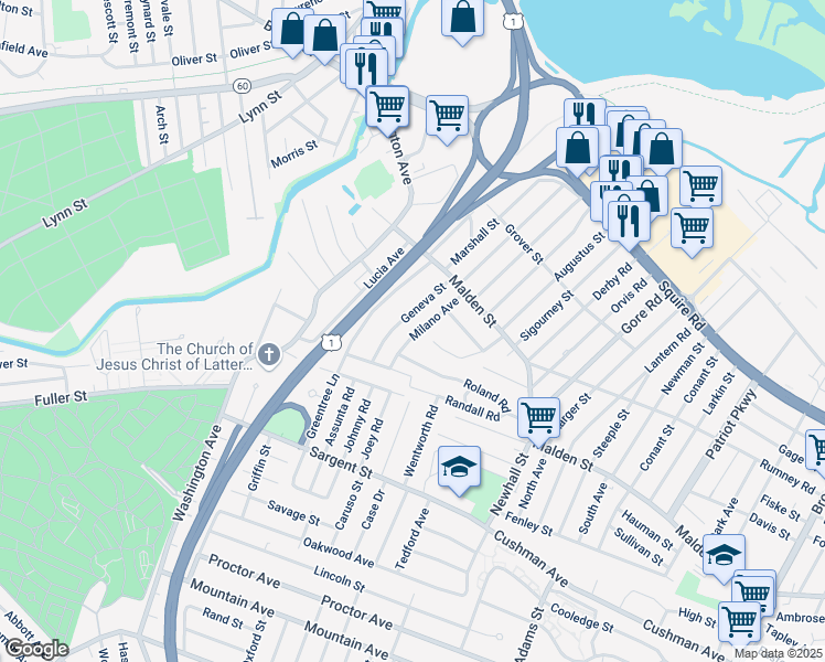 map of restaurants, bars, coffee shops, grocery stores, and more near 60 Geneva Street in Revere