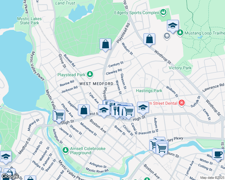 map of restaurants, bars, coffee shops, grocery stores, and more near 80 Warren Street in Medford