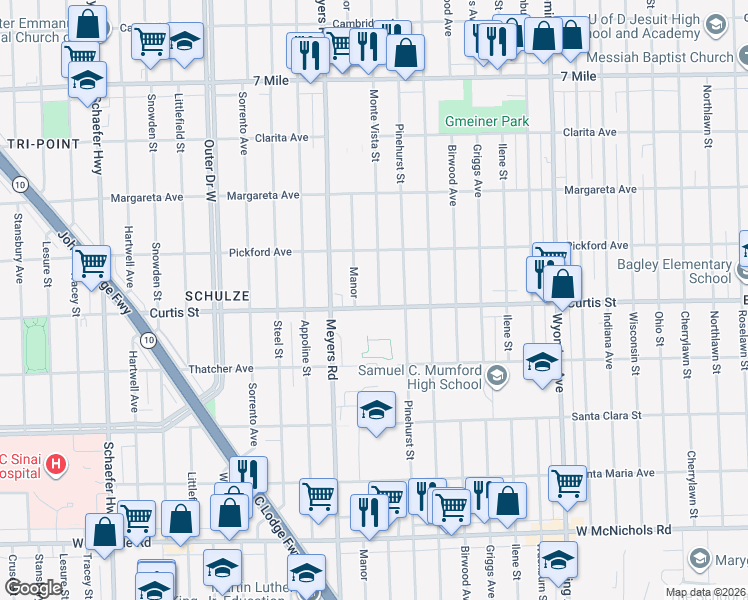 map of restaurants, bars, coffee shops, grocery stores, and more near 18228 Manor in Detroit