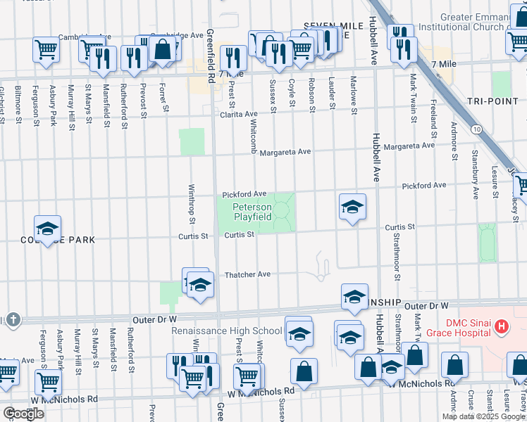 map of restaurants, bars, coffee shops, grocery stores, and more near 18294 Greenfield Road in Detroit